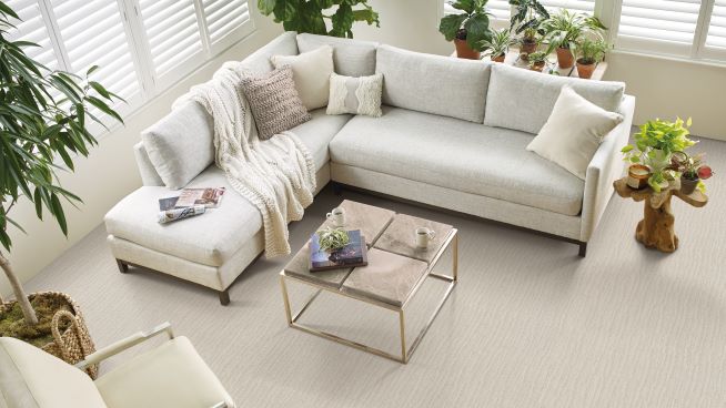 textured off white carpet in a bright and earth toned living room
